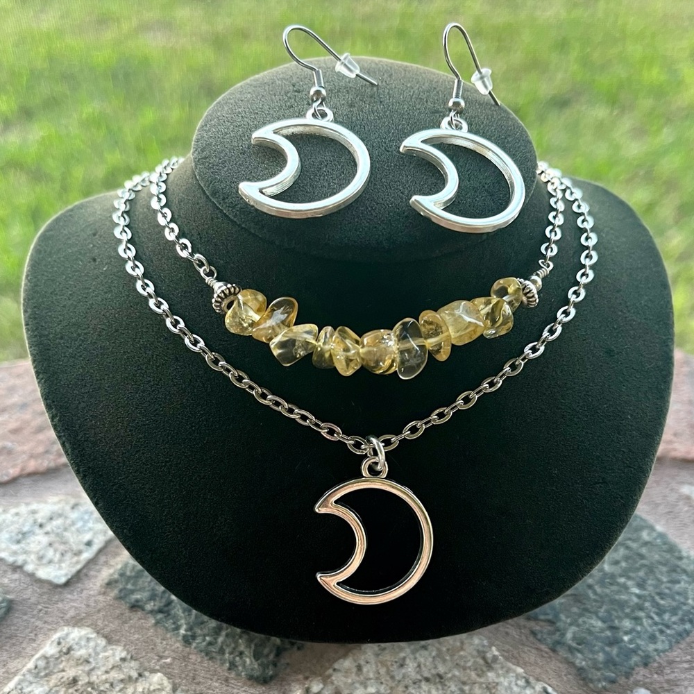Set ! Citrine double layer necklace moon + matching earrings boho